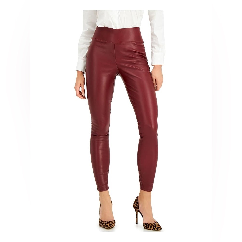 INC International Concepts Faux Leather Pants Womens Sz 8 Burgundy Pull On NWOT